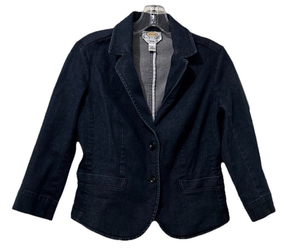 Talbots Petites Denim Blazer Jacket Size P/XS Blue Stretch Preppy Notch Lapel